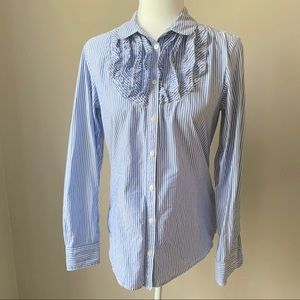 Gap Sz 8 blue white stripe button down ruffle top